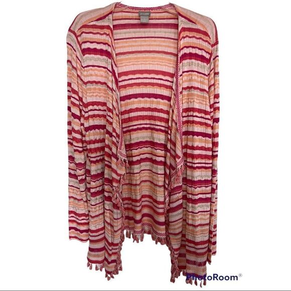 Chico’s Pink Wave Stripe Tassel Boho Open Front Cardigan Size XXL - Picture 4 of 12